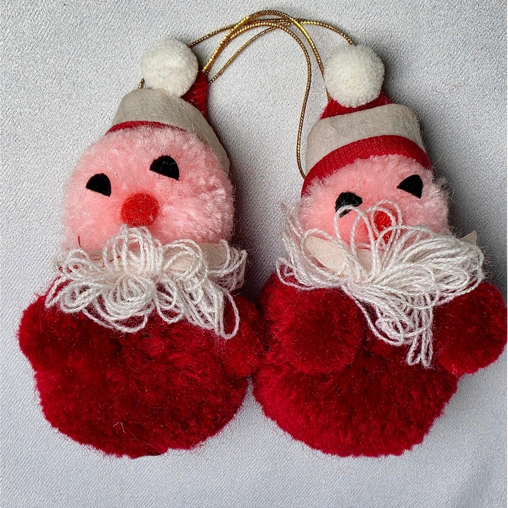 Vintage 1976 R Dakin & Co Santa Claus Plush Pom Pom Ornaments Set of 2 Red Pink